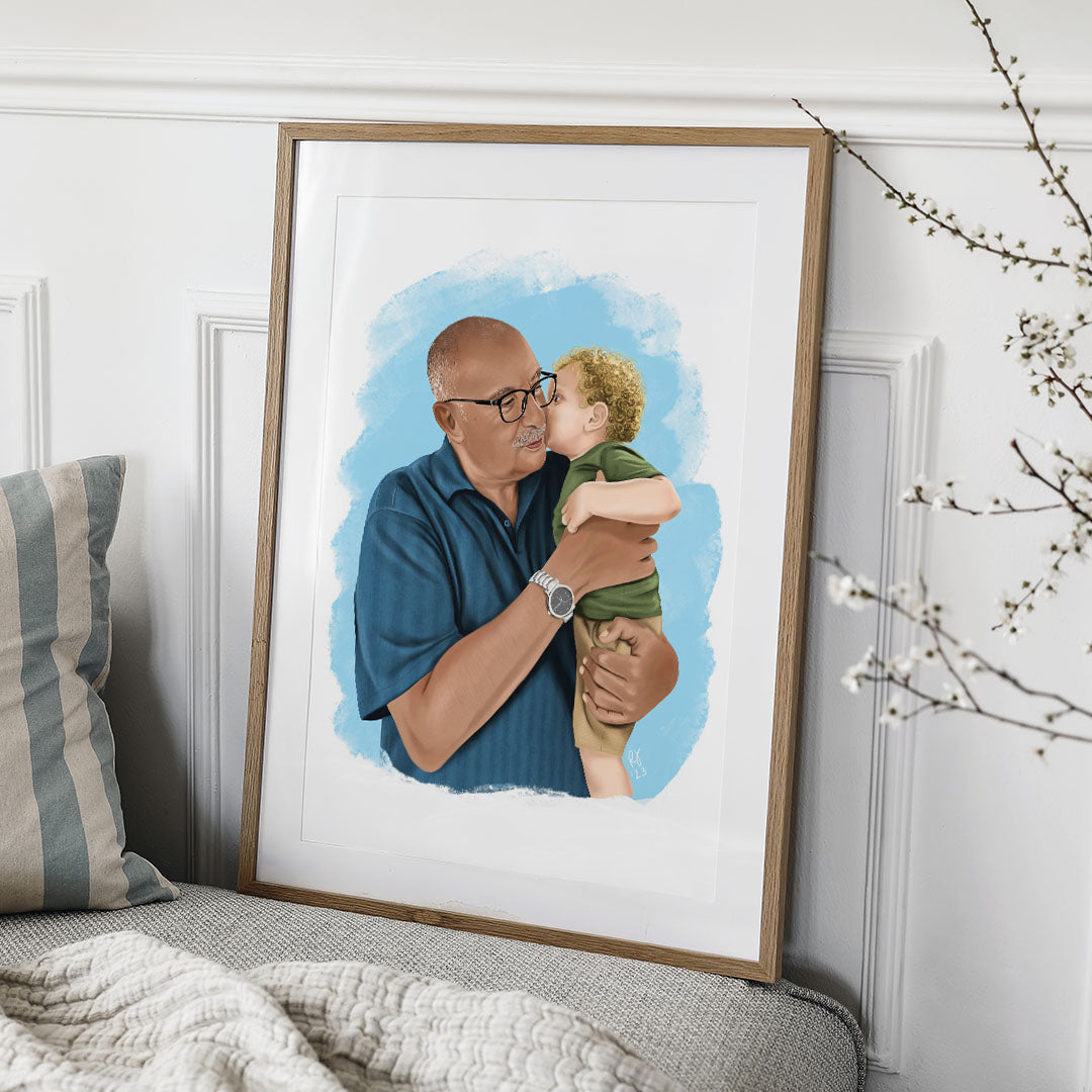 Framed custom portrait illustration of a grandfather and grandson