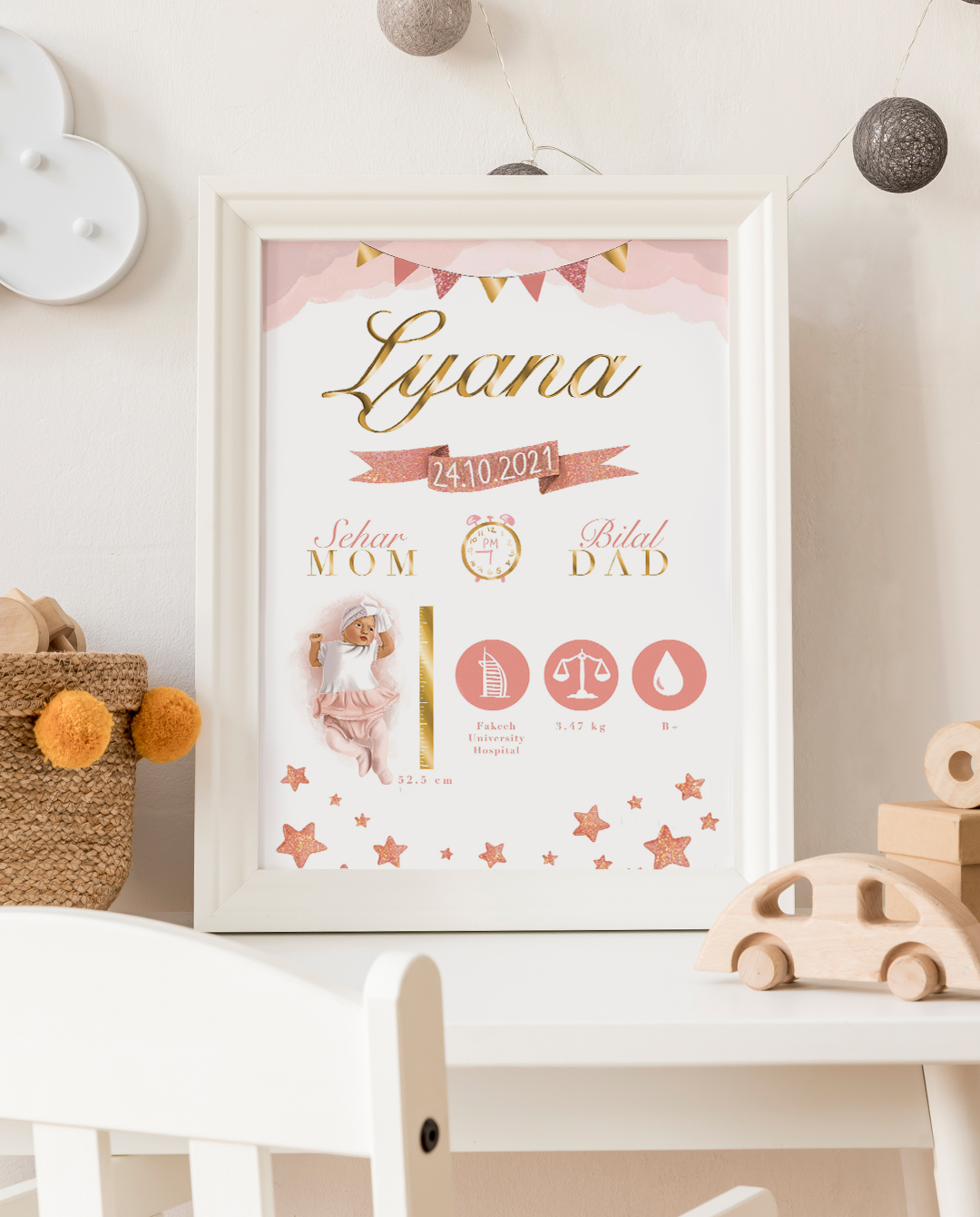 Custom Baby Birth Poster — Framed Newborn Illustration with Birth Stats